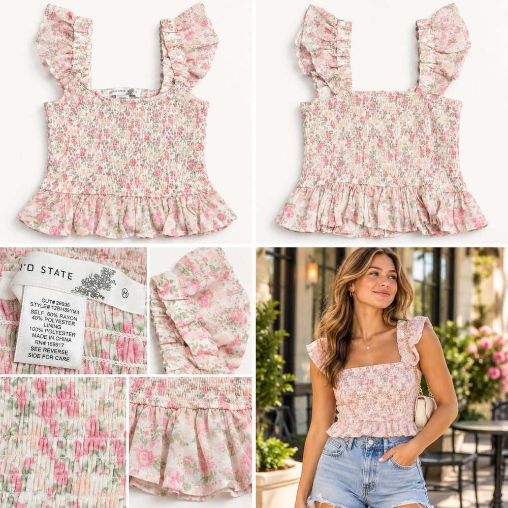 ๐ธ Altarโd State Pink Floral Smocked Ruffle Peplum Crop Top M